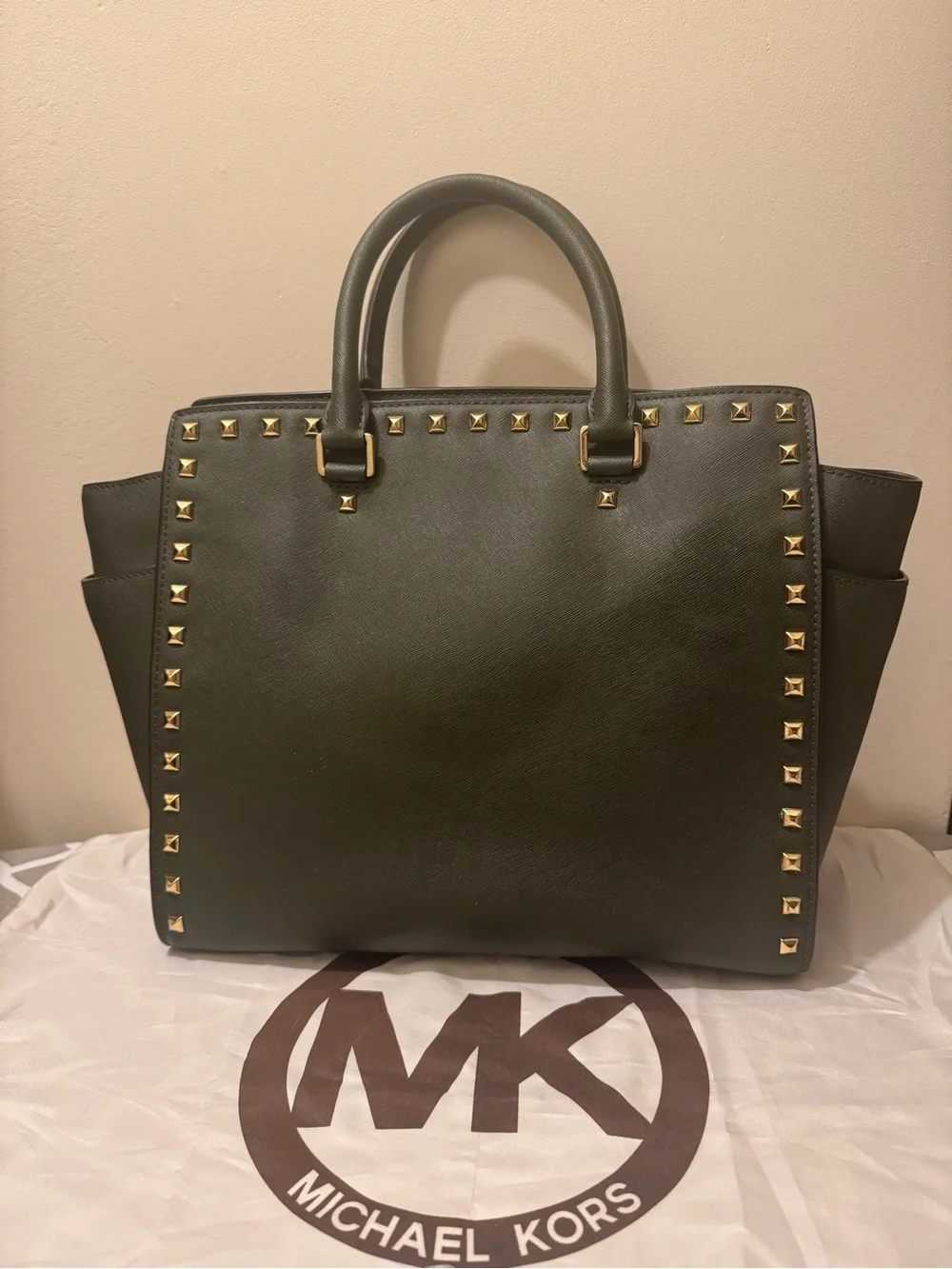 PRE-LOVED Michael Kors Olive Green Large Saffiano Leather Stud Satchel